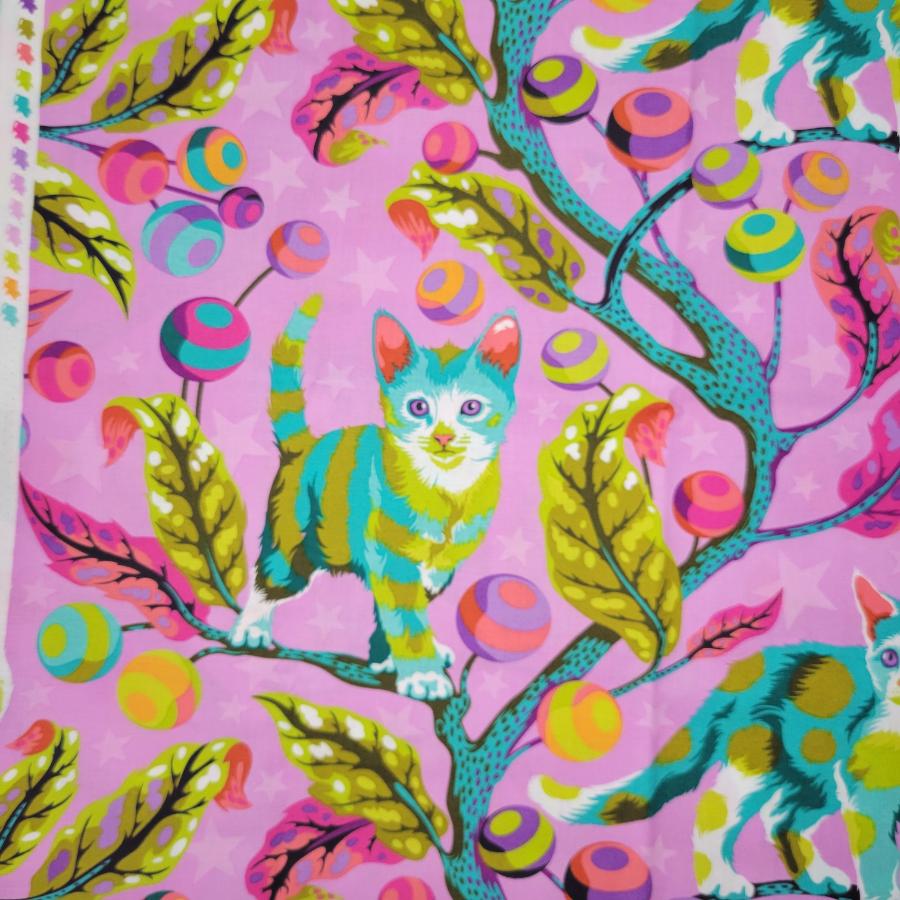 Tula Pink Tabby Road Deja Vu Club Kitty Electroberry Pink Fabric