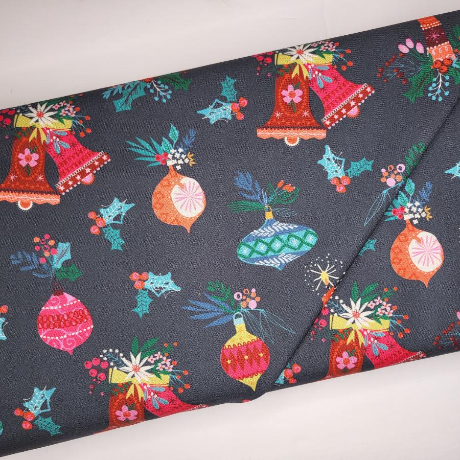 Helen Black Candy Cane Christmas Bells Dark Blue Fabric