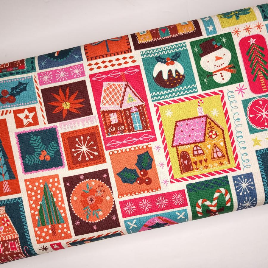 Helen Black Candy Cane Christmas Gingerbread House Collage Fabric