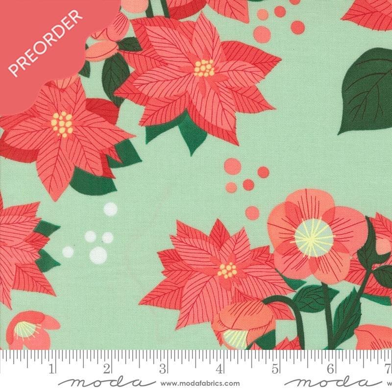 Lizzy House Tiny Christmas Poinsettia Florals Mint Green Fabric