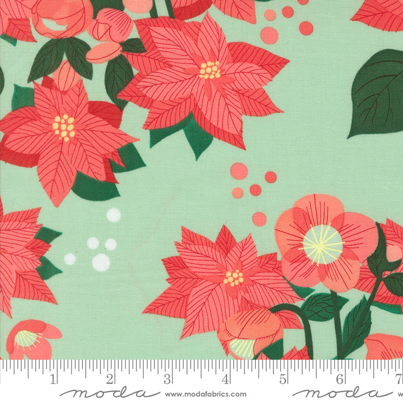 Lizzy House Tiny Christmas Poinsettia Florals Mint Green Fabric