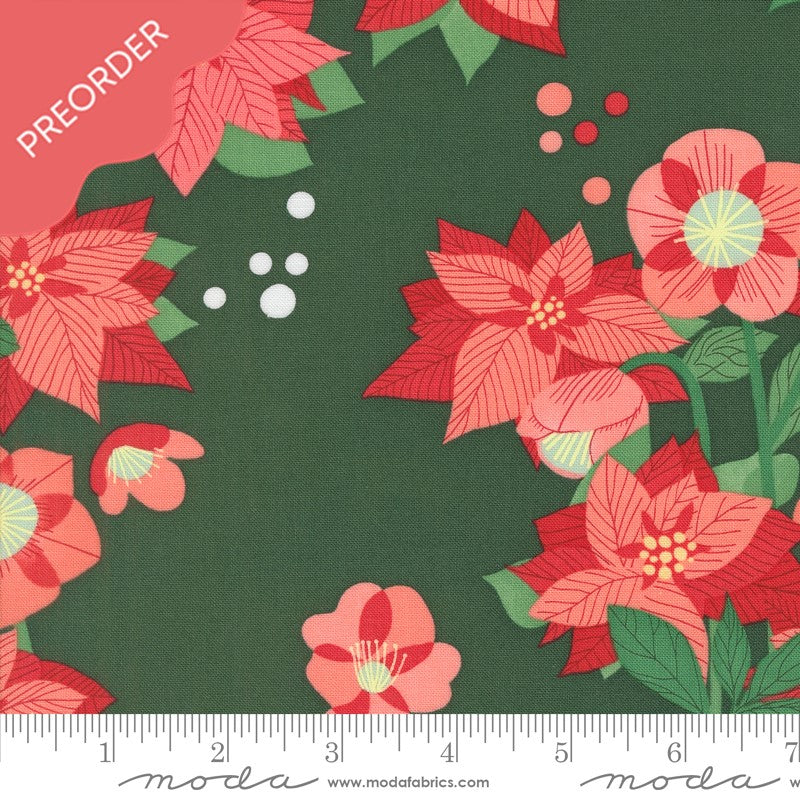 Lizzy House Tiny Christmas Poinsettia Florals Pine Green Fabric