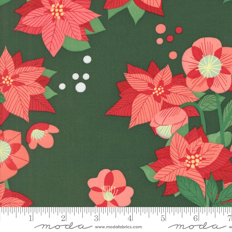 Lizzy House Tiny Christmas Poinsettia Florals Pine Green Fabric