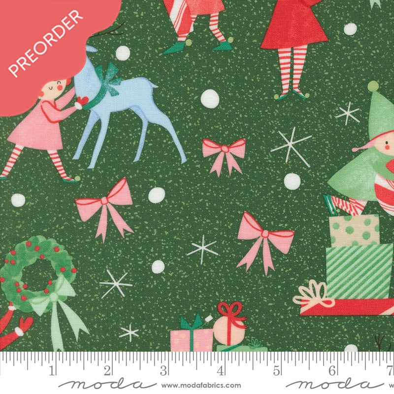 Lizzy House Tiny Christmas Elves Pine Green Fabric