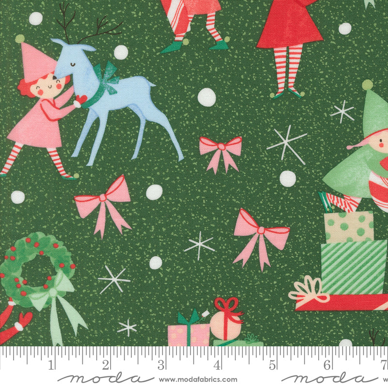 Lizzy House Tiny Christmas Elves Pine Green Fabric