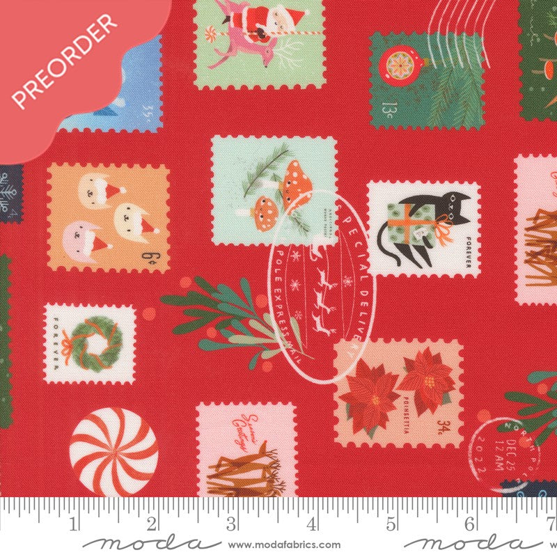 Lizzy House Tiny Christmas Stamps Red Fabric