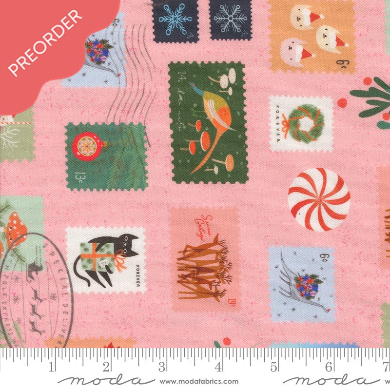 Lizzy House Tiny Christmas Stamps Candy Pink Fabric