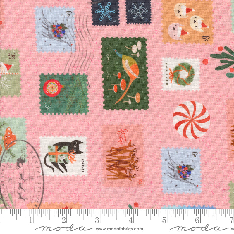 Lizzy House Tiny Christmas Stamps Candy Pink Fabric