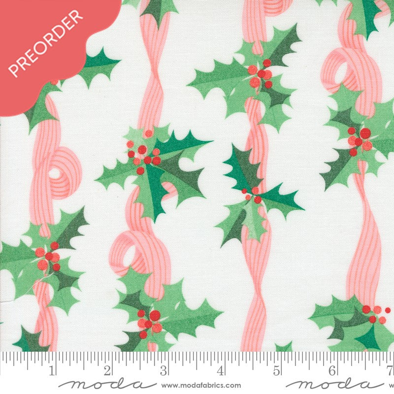 Lizzy House Tiny Christmas Holly Stripes Snow Fabric