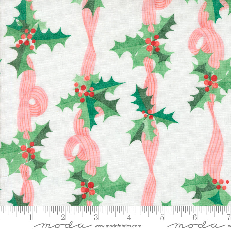 Lizzy House Tiny Christmas Holly Stripes Snow Fabric