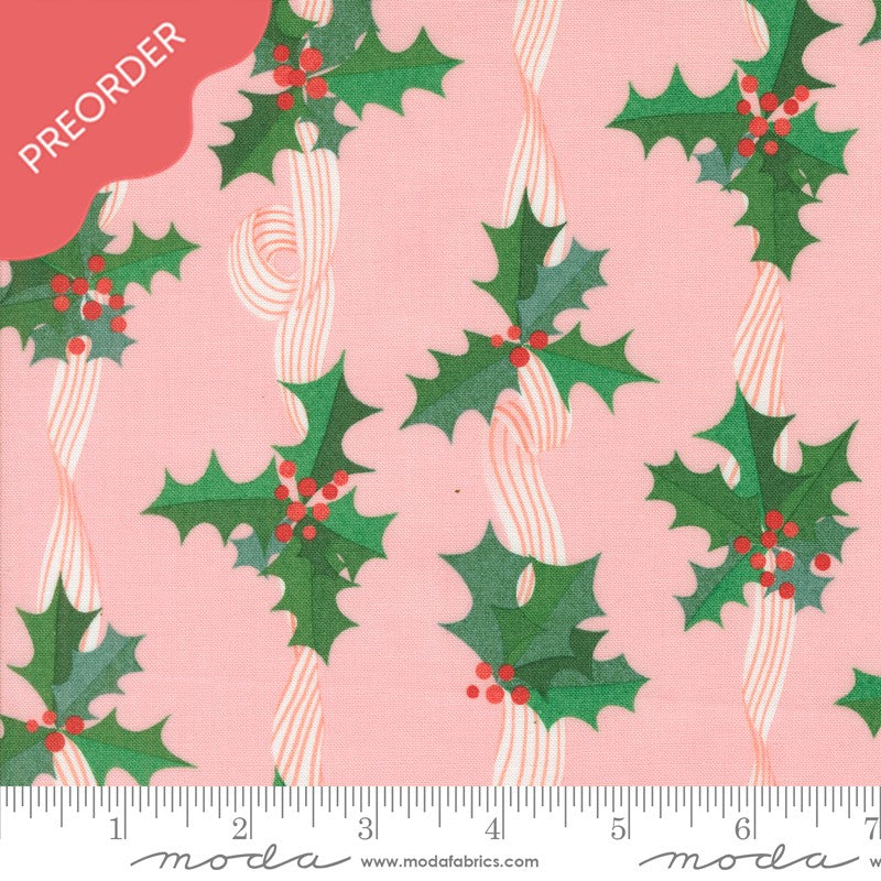 Lizzy House Tiny Christmas Holly Stripes Cotton Candy Fabric