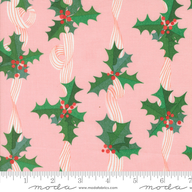 Lizzy House Tiny Christmas Holly Stripes Cotton Candy Fabric