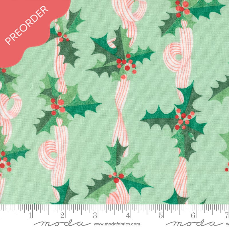 Lizzy House Tiny Christmas Holly Stripes Mint Green Fabric