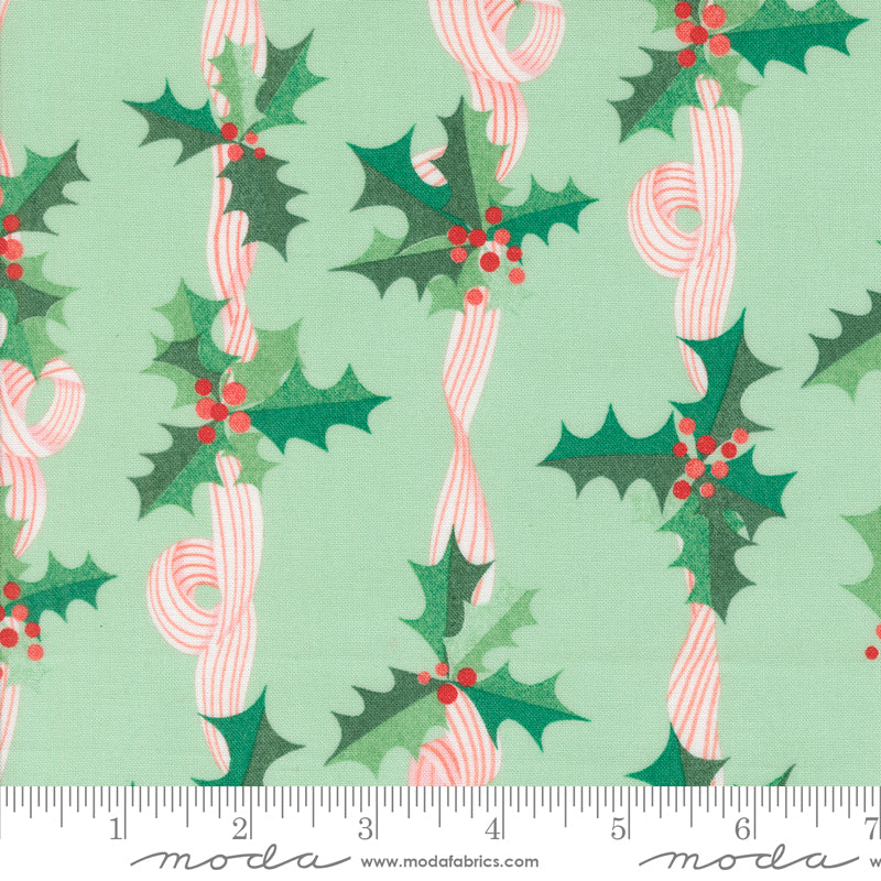 Lizzy House Tiny Christmas Holly Stripes Mint Green Fabric