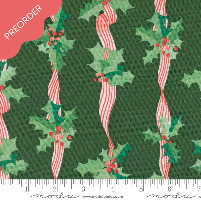 Lizzy House Tiny Christmas Holly Stripes Pine Green Fabric