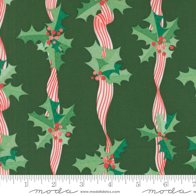 Lizzy House Tiny Christmas Holly Stripes Pine Green Fabric