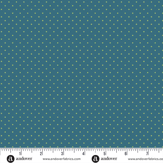 Edyta Sitar Poppy Seeds Denim Green Dot on Blue Fabric