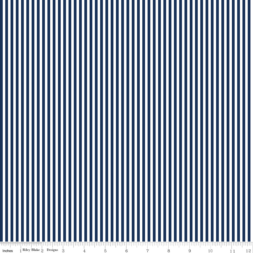 Riley Blake Stripes 1/8" Navy Blue and White Fabric