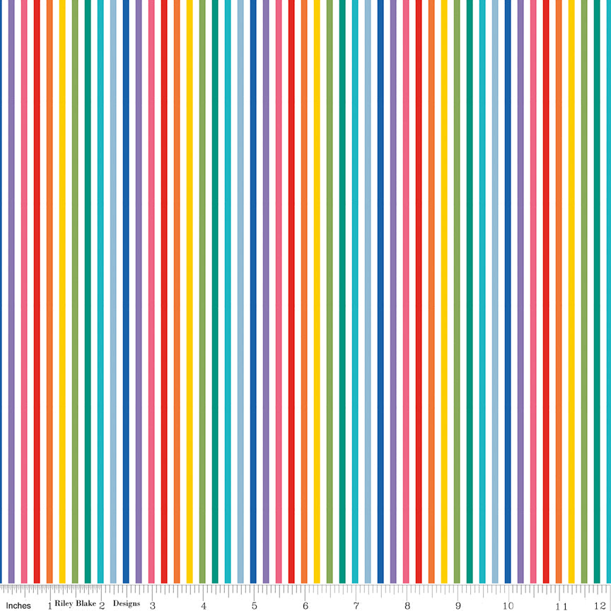 Riley Blake Stripes 1/8" Rainbow and White Fabric