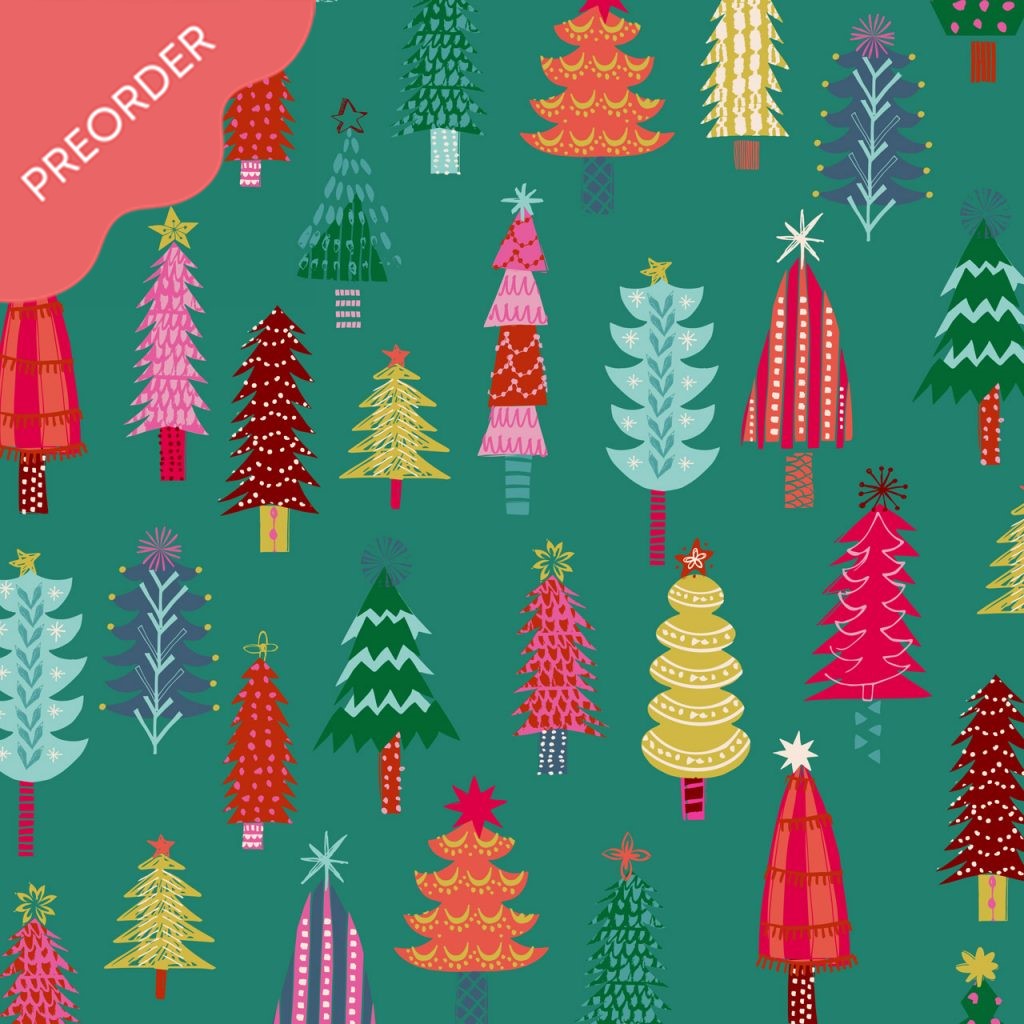 Helen Black Candy Cane Christmas Colorful Trees Dark Cyan Fabric