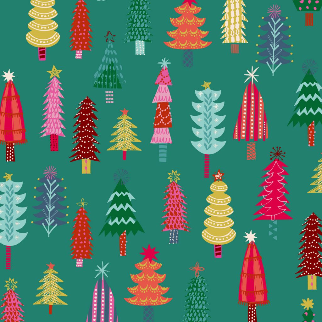 Helen Black Candy Cane Christmas Colorful Trees Dark Cyan Fabric