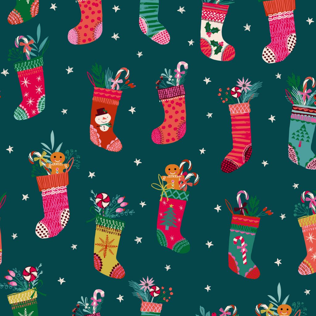 Helen Black Candy Cane Christmas Stockings Dark Cyan Fabric