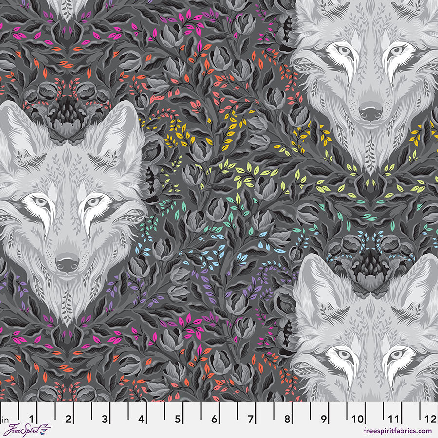 Tula Pink Graywork Wolf of Pink Street Carbon Fabric