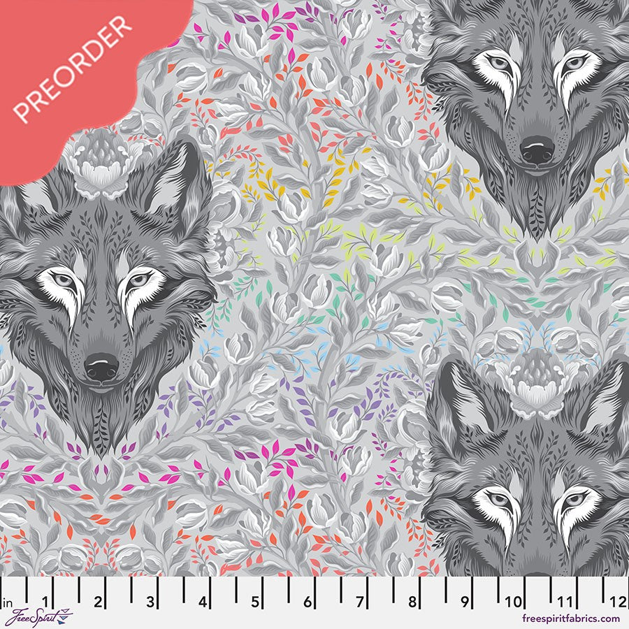 Tula Pink Graywork Wolf of Pink Street Fog Fabric