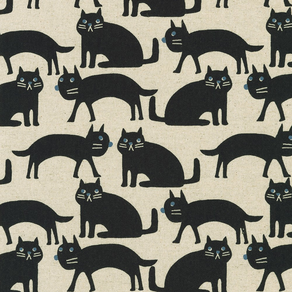 Sevenberry Cotton Flax Print Natural Cats Fabric
